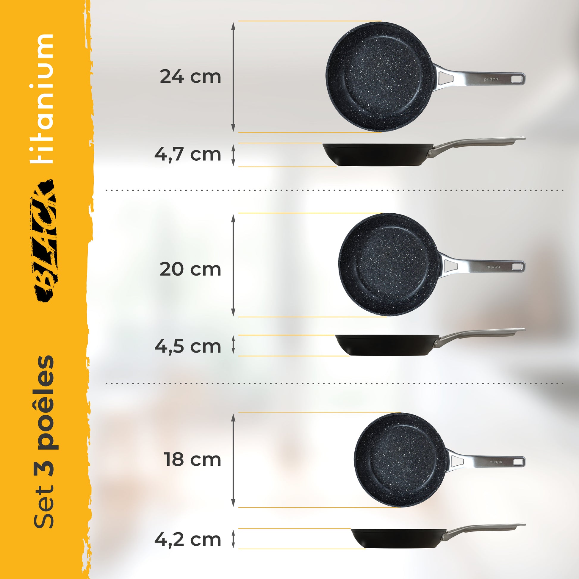 Briebe Set 3 Sartenes Antiadherentes Inducción Titanio 18-20-24cm, Aluminio Forjado Antiadherente, Black Titanium_4