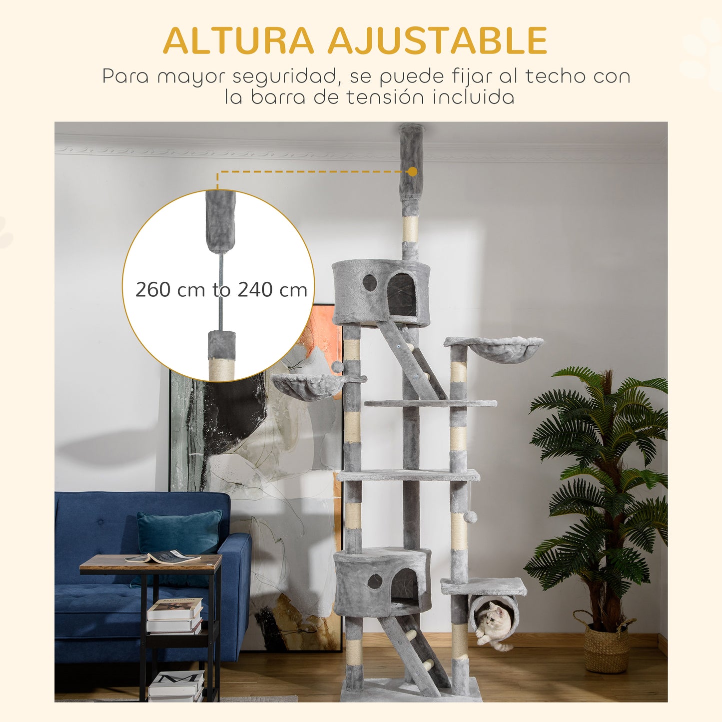 Pawhut Árbol Para Gatos De Suelo A Techo De 240-260 Cm Con Plataformas Gris_4