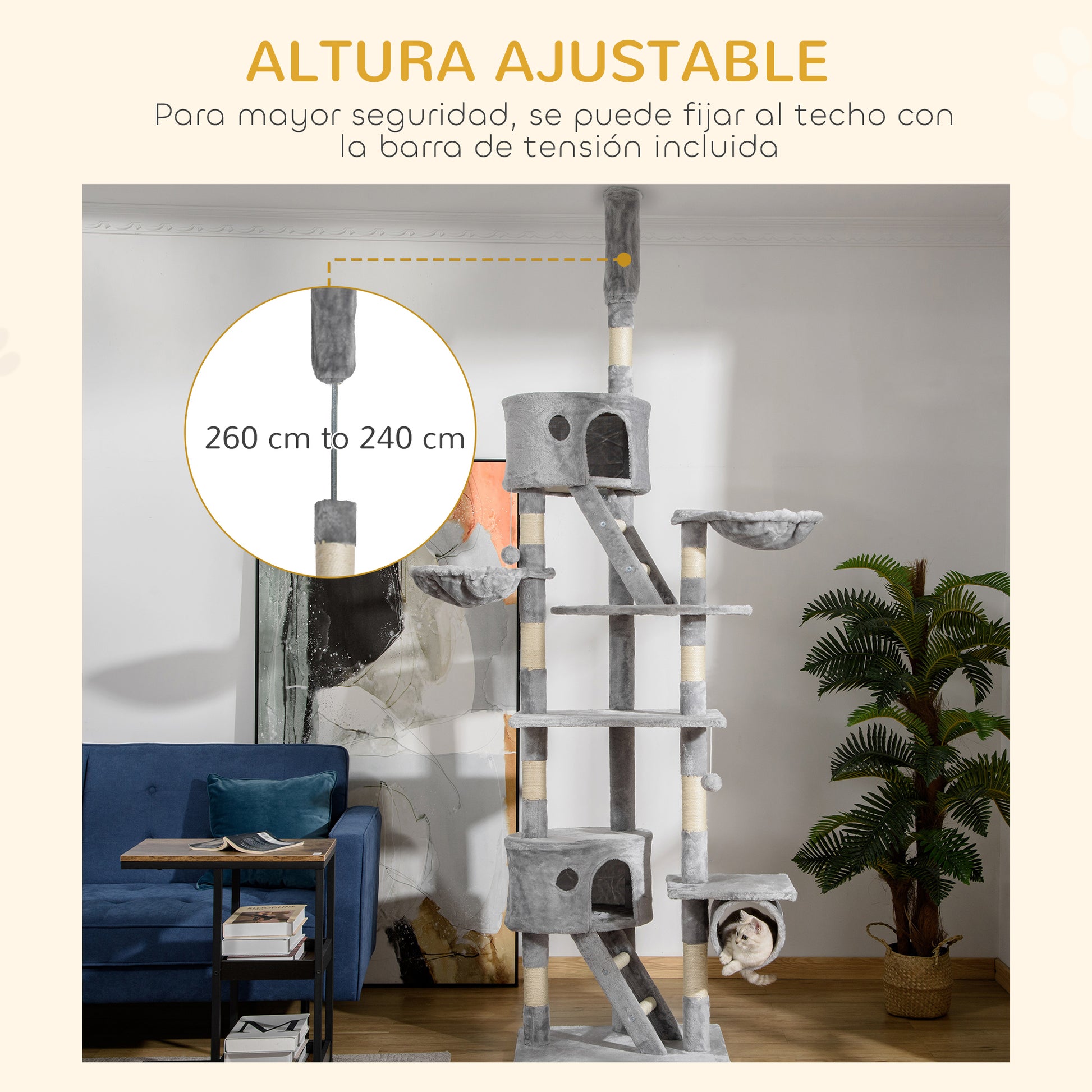Pawhut Árbol Para Gatos De Suelo A Techo De 240-260 Cm Con Plataformas Gris_4