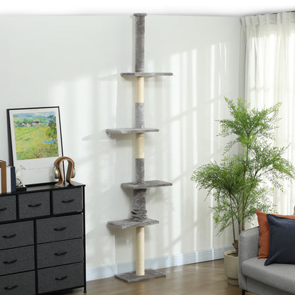 Pawhut Árbol Para Gatos De Suelo A Techo 225-275 Cm Con Plataformas Gris Claro_1