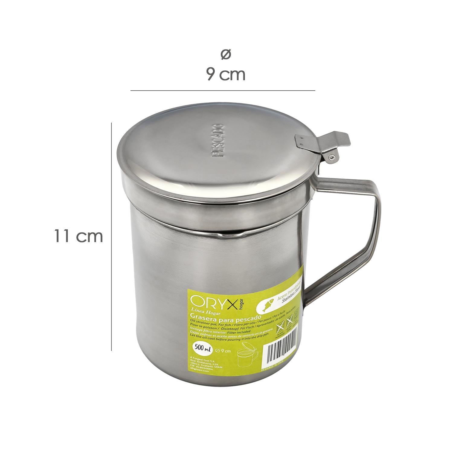 Grasera Acero Inoxidable Para Pescado Aceitera Aceite Usado 0,5 L. Con Colador Y Tapa, Recipiente Reciclaje Aceite Usado Pescado_1