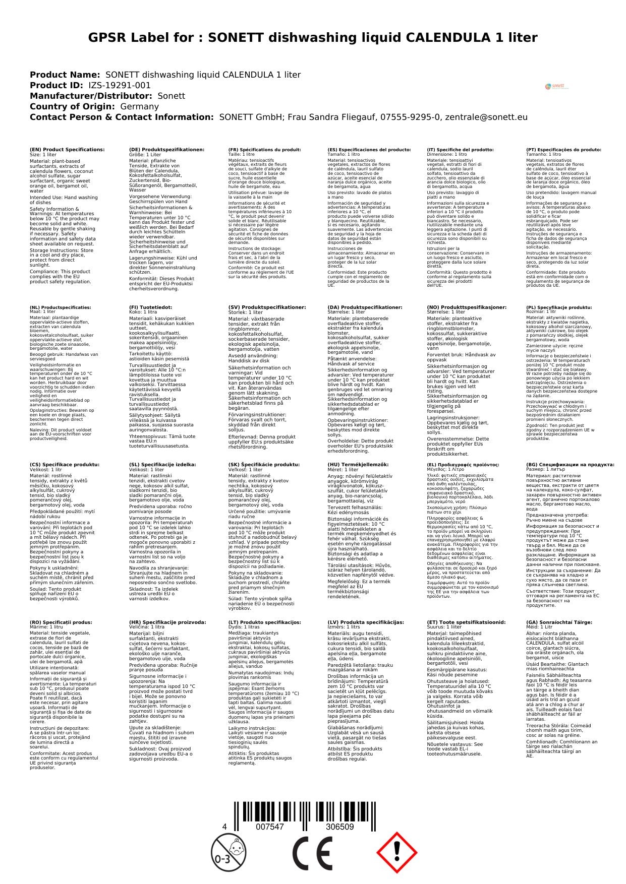 Lavavajillas Ecologico, Natural, Caléndula 1 Litro, Detergente Lavavajillas