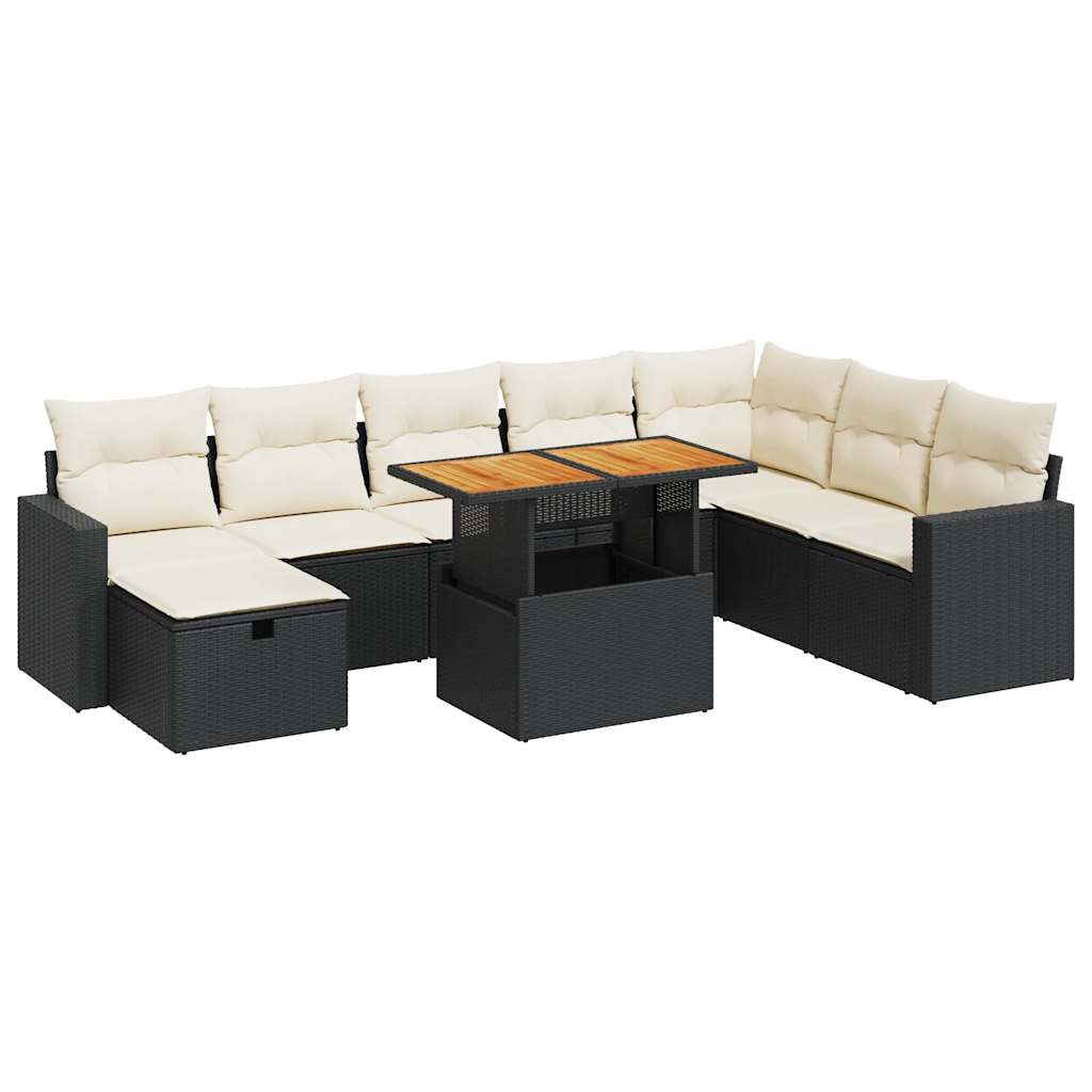 Set Sofás Jardín Y Cojines 9 Pzas Ratán Sintético Acacia Negro / Vetonek_1