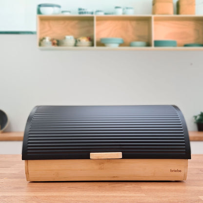 Panera Para Guardar Pan De Mesa Madera Bambú, Tapa Deslizante Bread Box Almacenamiento Bollería, Briebe, Bb1162, Negro_3