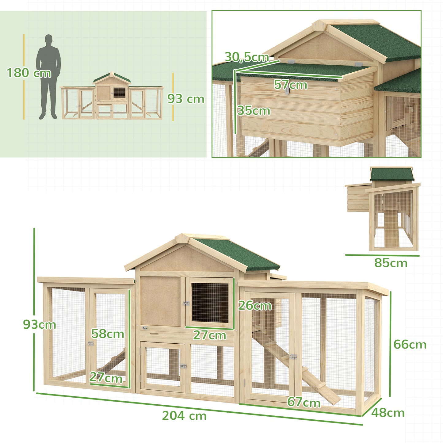 Pawhut Gallinero Grande De Madera 204x85x93 Cm Con Nido Rampa Natural_2