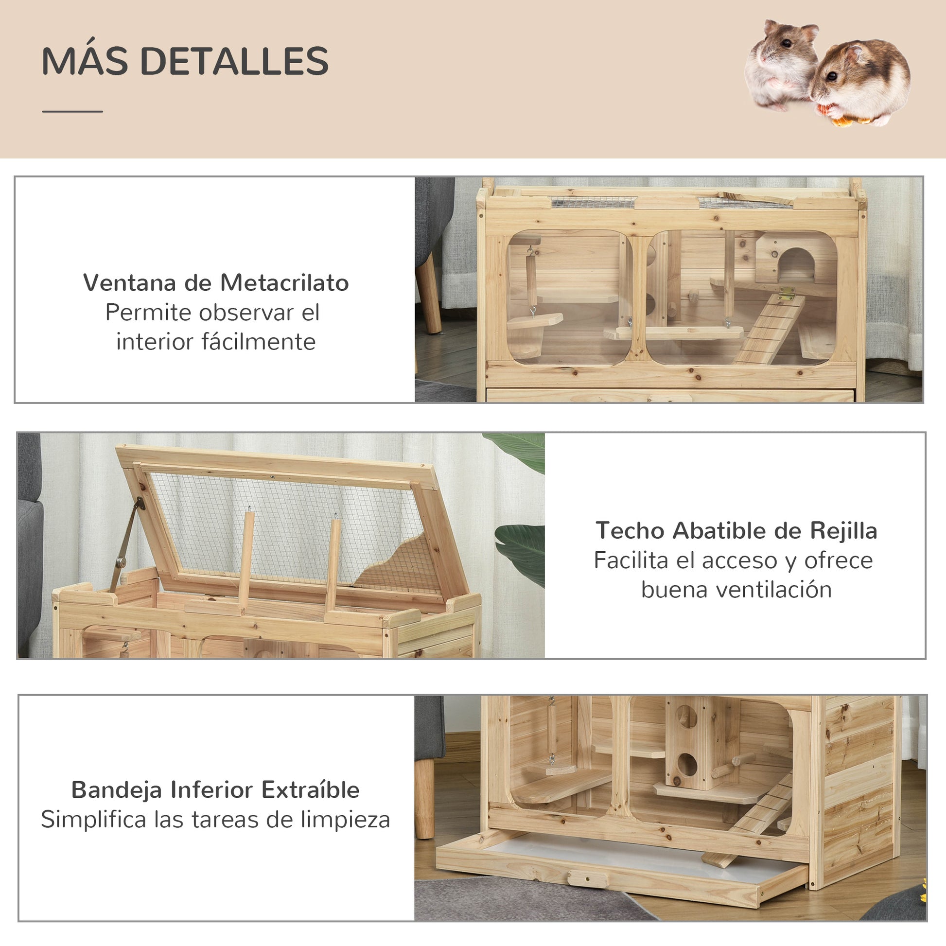 Pawhut Jaula De Madera Para Hámster Ratones Con 2 Escondites Techo Abatible_5