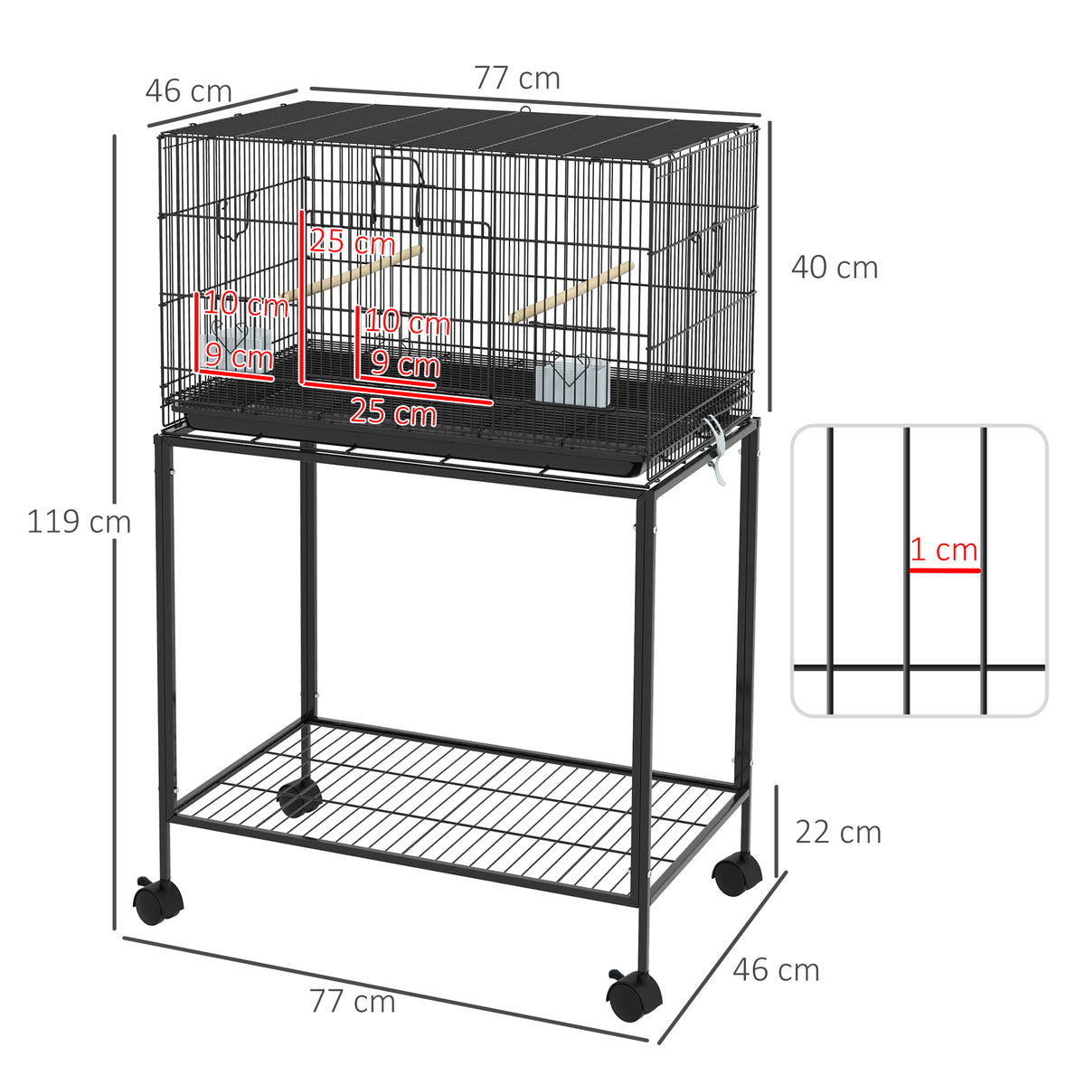 Jaula Para Pájaros Con Ruedas Pawhut Acero 77x46x119 Cm Negro_2