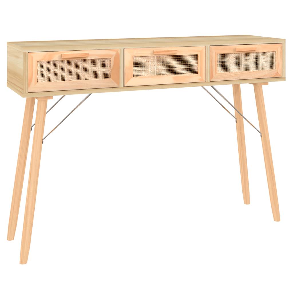 Mesa Consola Madera Pino Maciza Ratán Natural 105x30x75 Cm_0