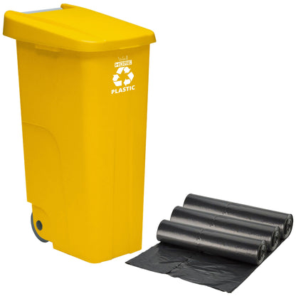 Contenedor Wellhome Reciclo 110L con Tapa y Ruedas, Ideal para Plásticos + 3 Bolsas de 10 Unidades_0