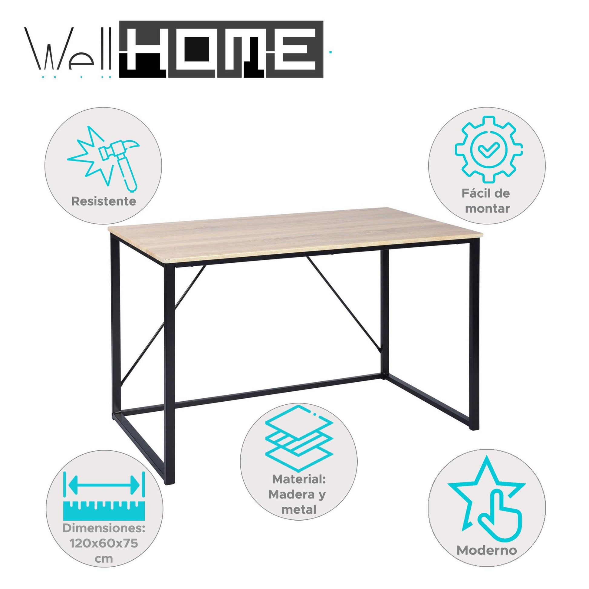 Well Home Escritorio De Estructura Negra Con Tapa De Haya H.75cm_1