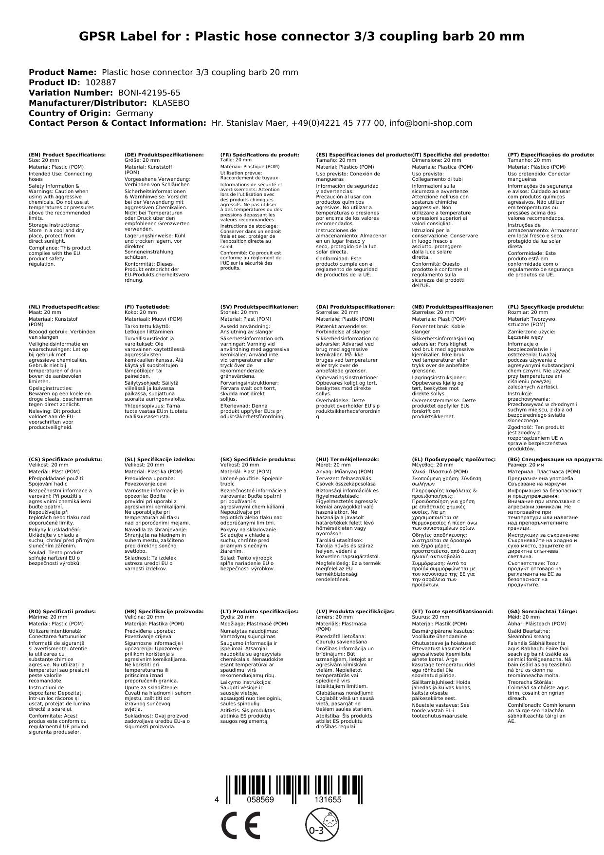 Conector De Manguera 20mm, Plástico, Empalme Rápido