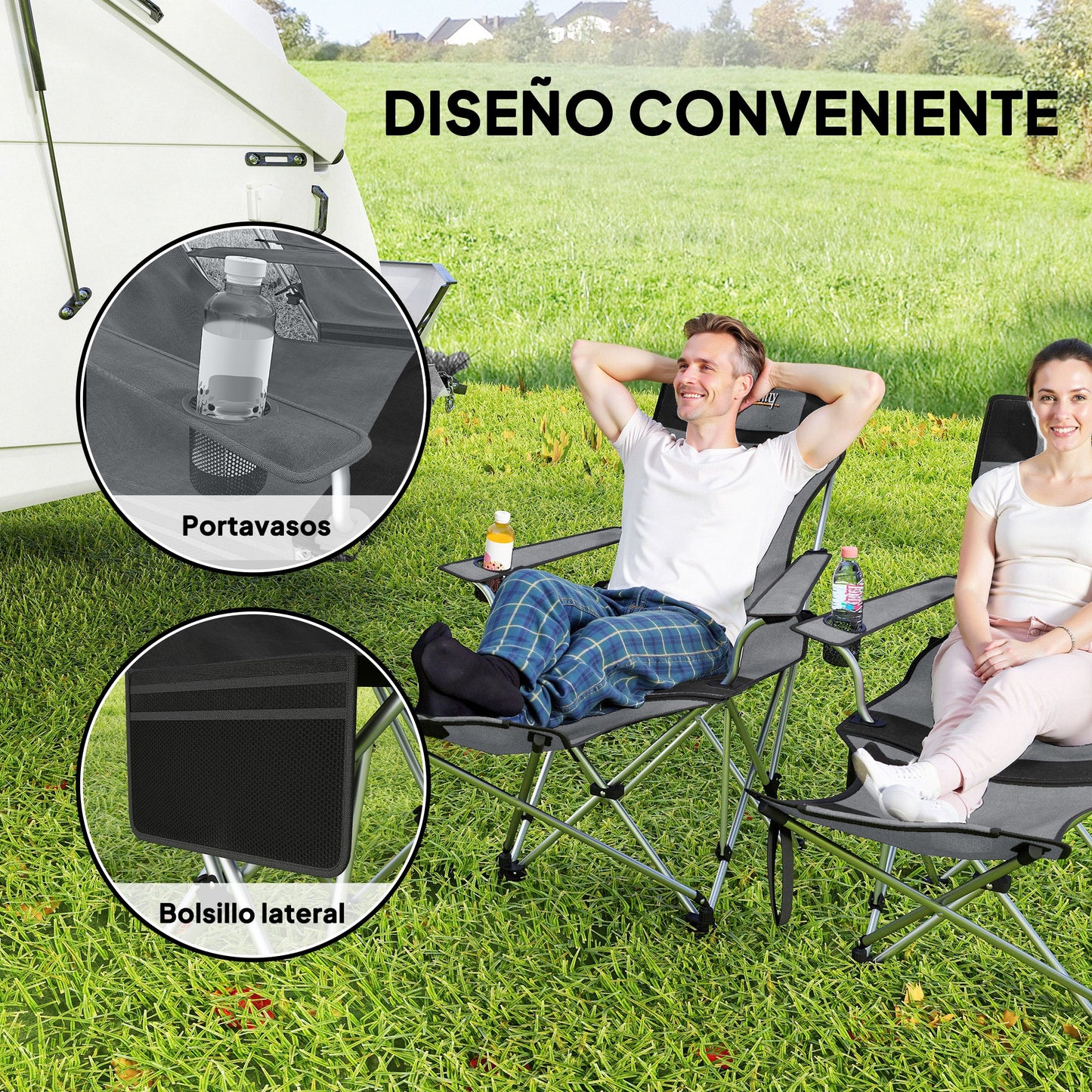 Outsunny Conjunto De 2 Sillas Plegables Camping Con Reposapiés Desmontable Gris_4