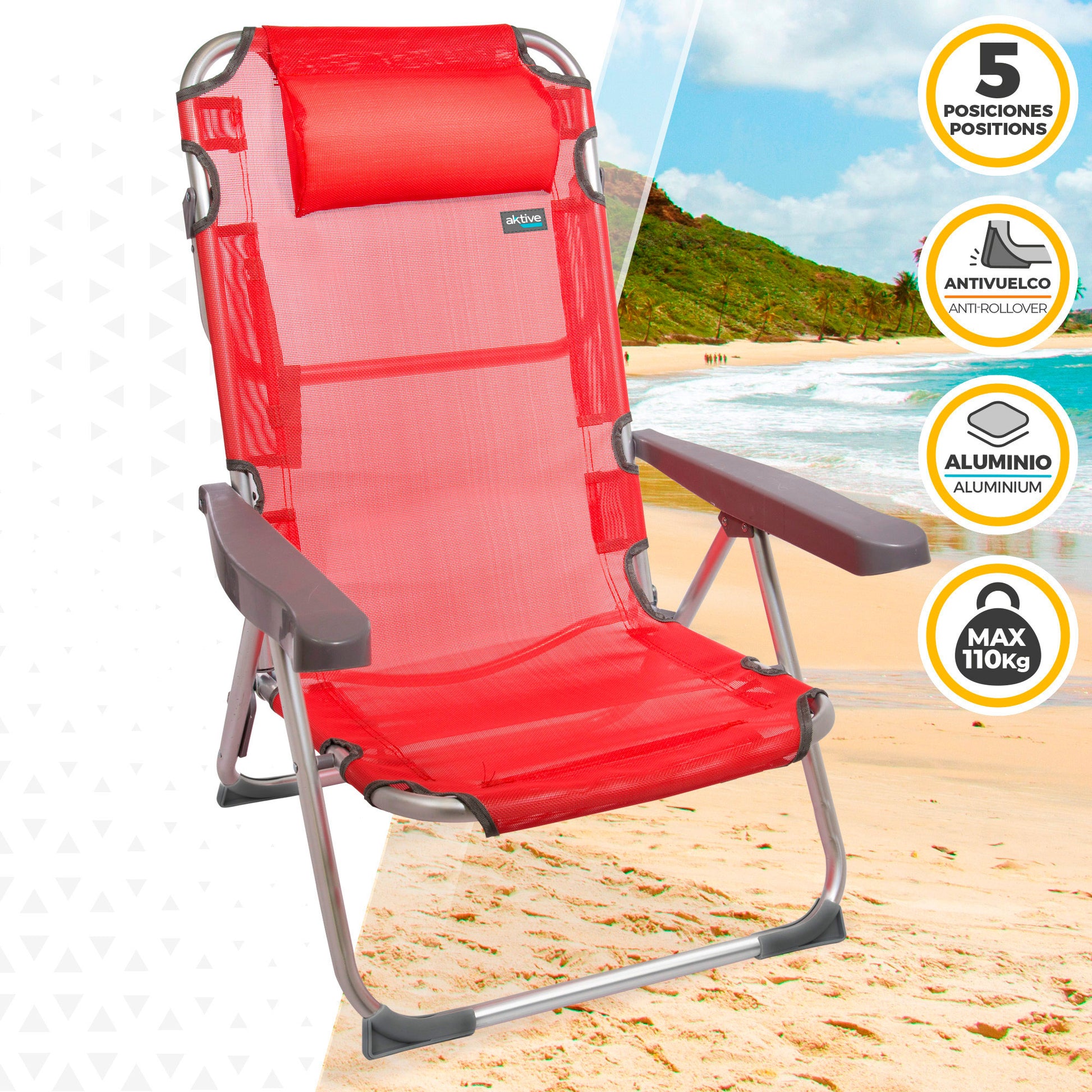 Aktive Pack 2 Sillas Playa 48x60x90 Cm Rojo Multiposición Con Cojín_1
