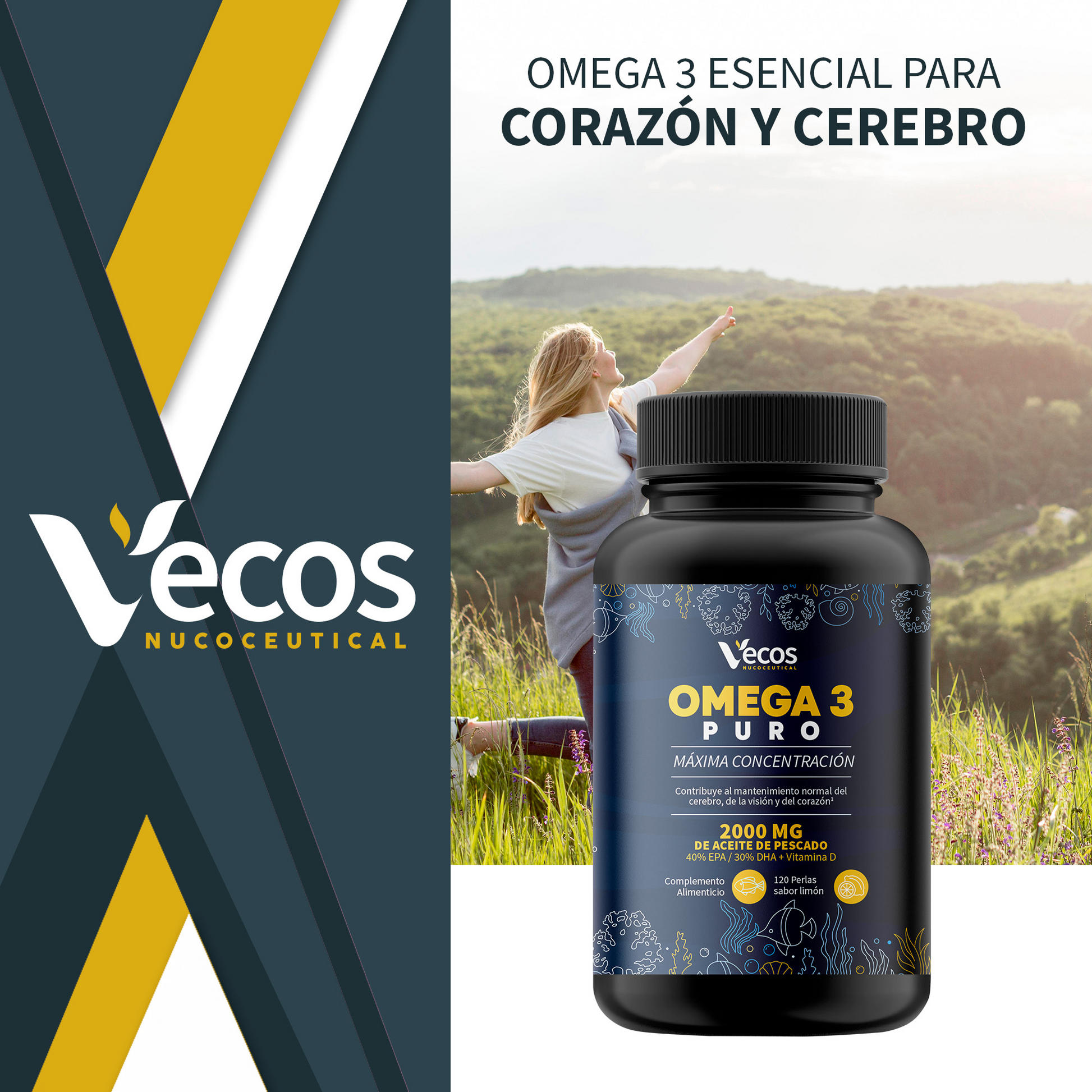 Omega 3 Puro (120 perlas) - 600 Mg Epa Y 800mg Dha | Aceite De Pescado Con Vitamina D | Sabor Limón_1