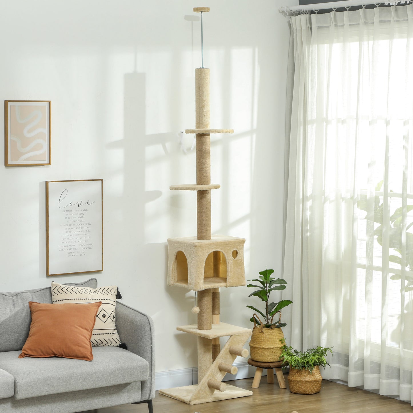 Pawhut Árbol Para Gatos De Suelo A Techo De 225-255 Cm Con Escalera Beige_1