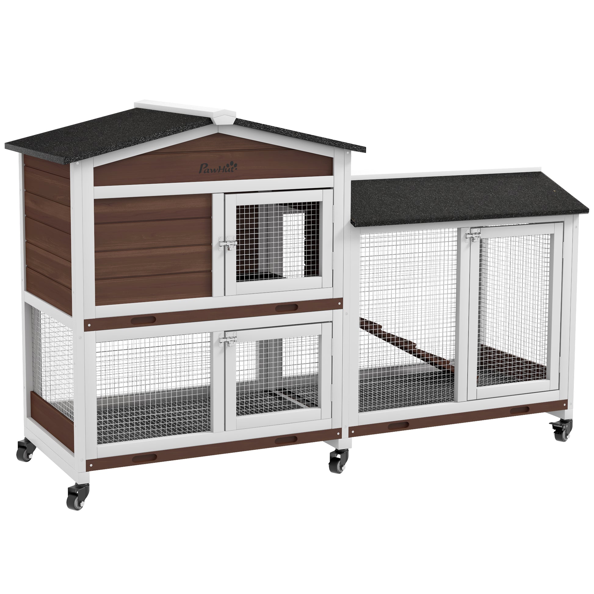 Pawhut Conejera De Madera 157,4x53x99,5 Cm Con Ruedas Techo Asfáltico Marrón_0