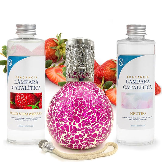 Pack Lámpara Catalítica Mosaico Fucsia + Fragancia Wild Strawberry 200ml + Limpiador Neutro 200ml + Mecha Repuesto_0