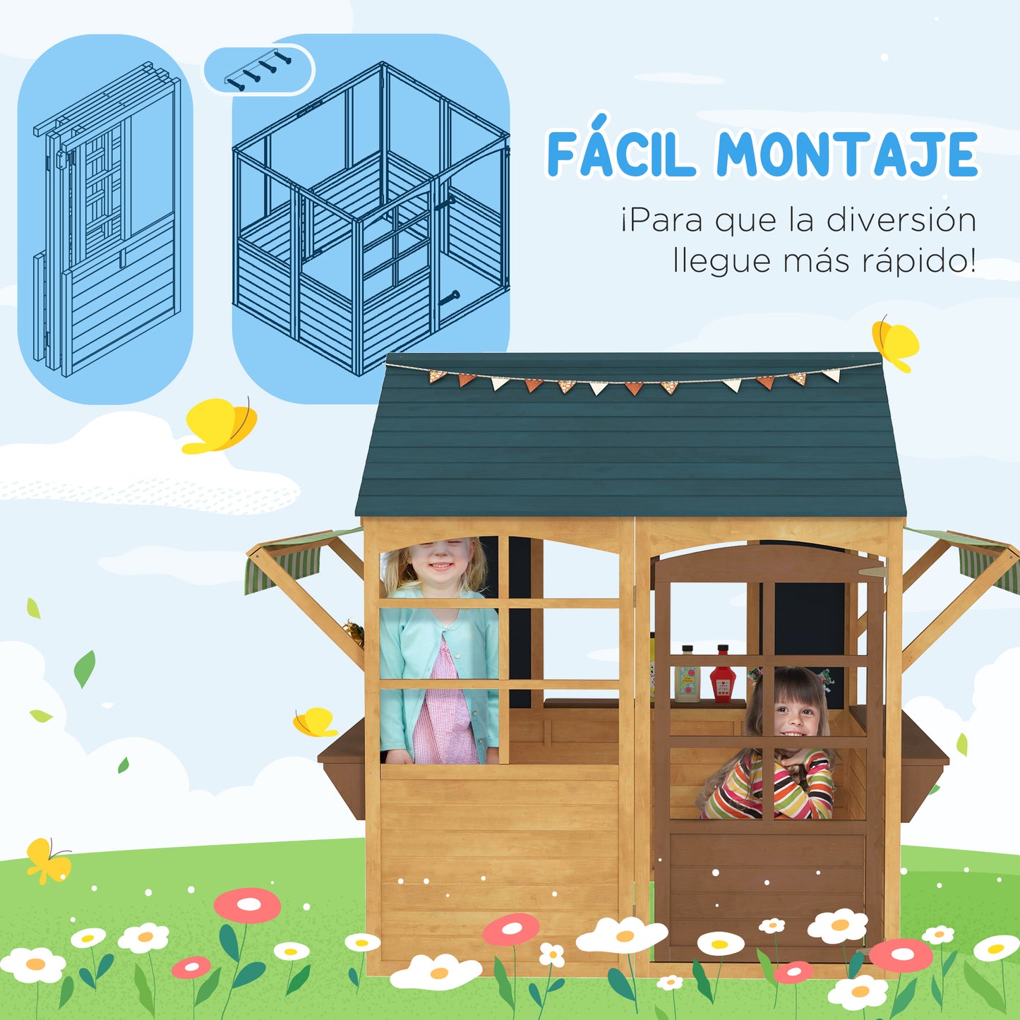 Aiyaplay Casita Infantil Exterior De Madera Con 2 Pizarras Ventanas Natural_4