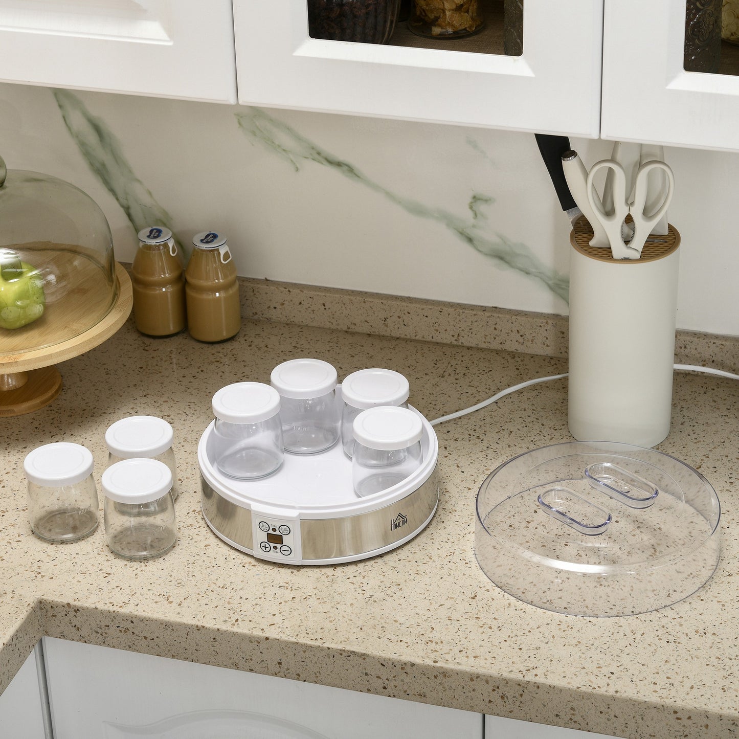 Homcom Yogurtera 20w 1,26l Con 7 Tarros De Cristal De 180 Ml 24x24x13 Cm Blanco_3