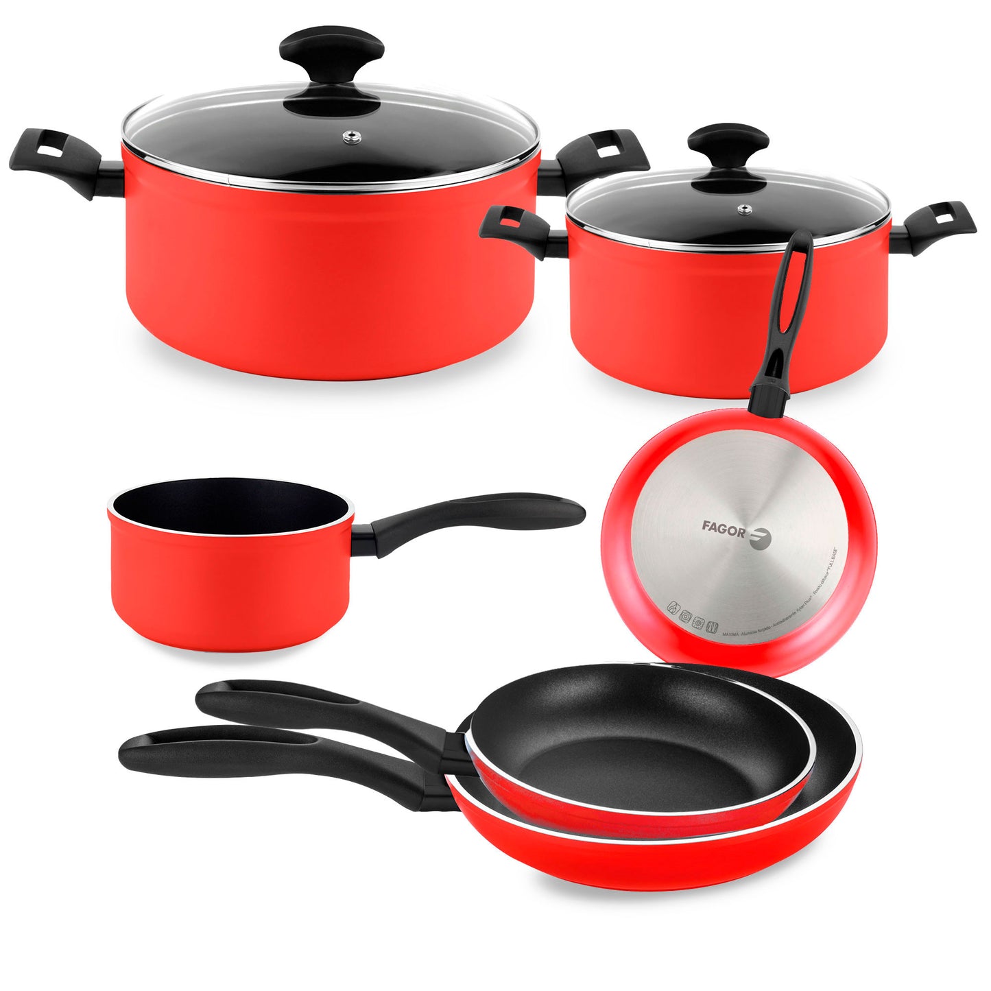 Batería Cocina Inducción 8 Piezas, Antiadherente Sin Pfoa, Aluminio Forjado, Cazuelas Sartenes Fagor Maxima Rojo_0