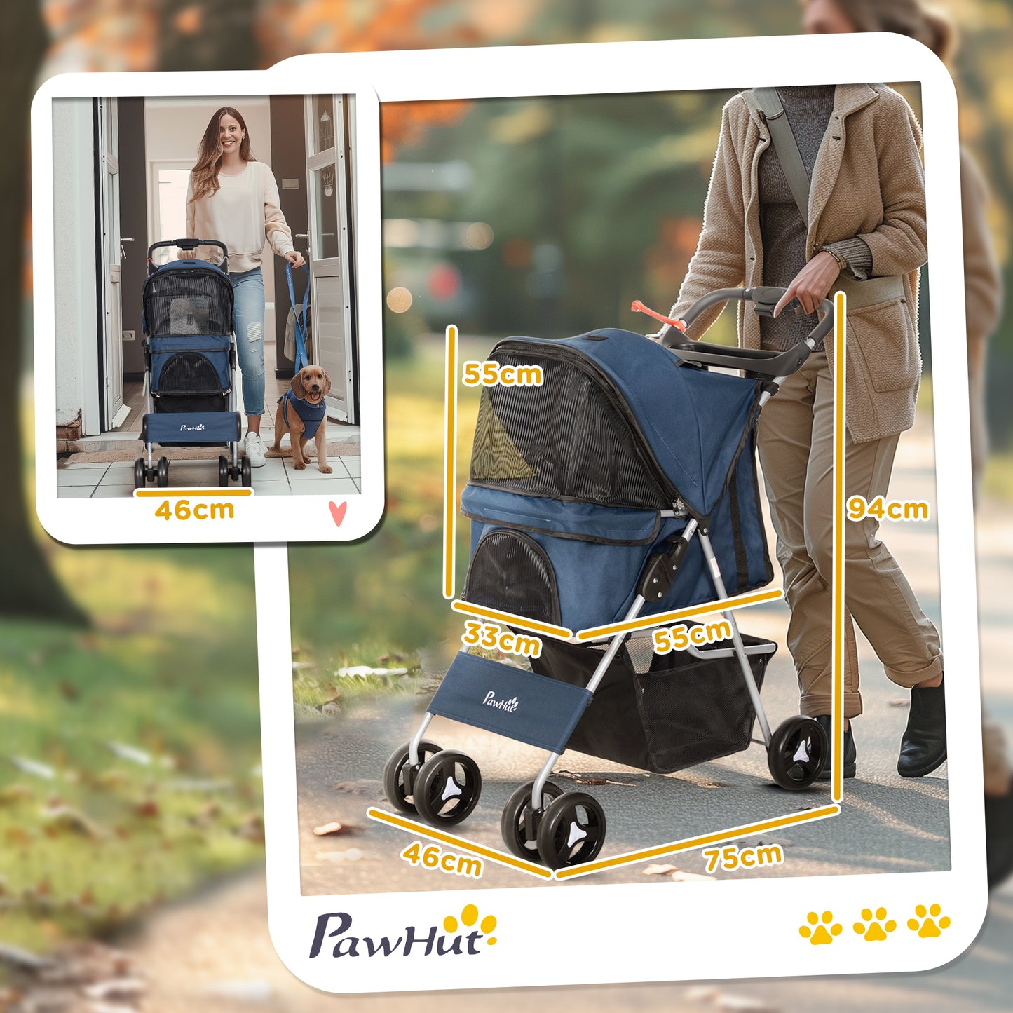 Pawhut Cochecito Mascotas Plegable Toldo Ajustable Tela Oxford 77x45x99,5cm Azul_2