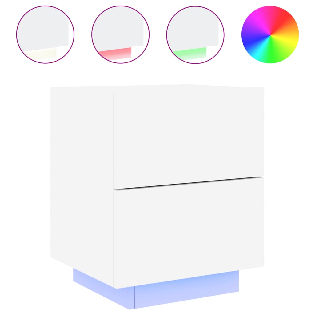 Mesitas De Noche Con Luces Led 2 Uds Madera Ingeniería Blanca_4