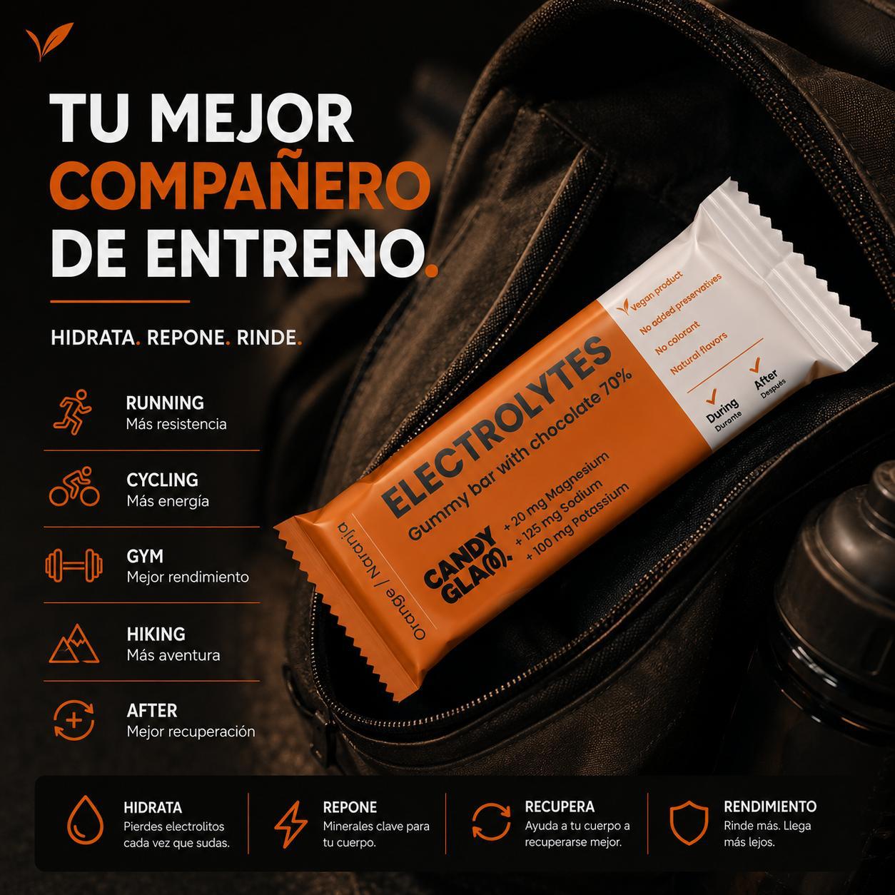 Candyglam Electrolitos | Gummy Bar Vegana Con Chocolate 70% | Magnesio, Sodio Y Potasio | Pack 9 Barritas_3