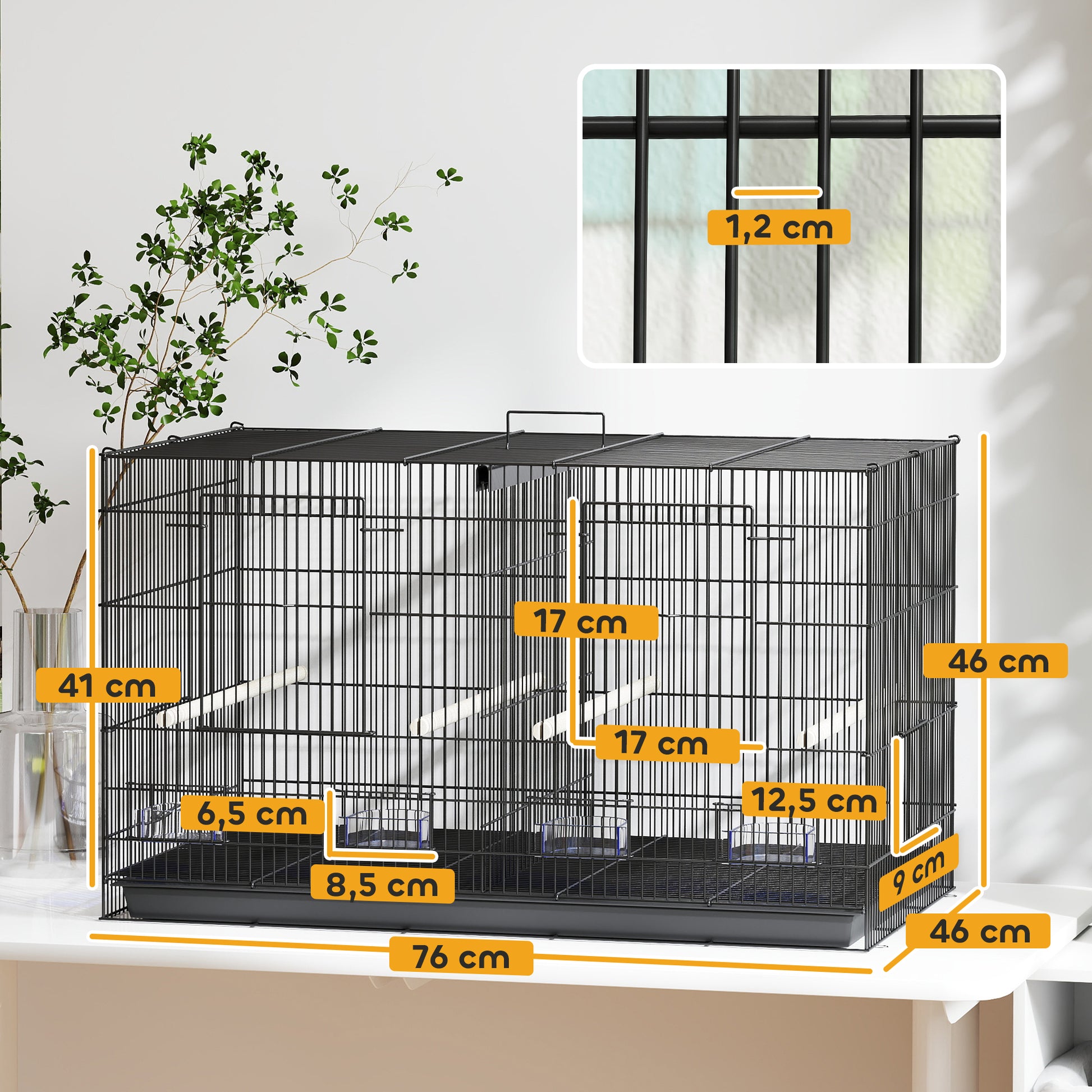 Pawhut Jaula Para Pájaros Con Divisor 4 Comederos 4 Perchas 76x46x46 Cm Negro_2
