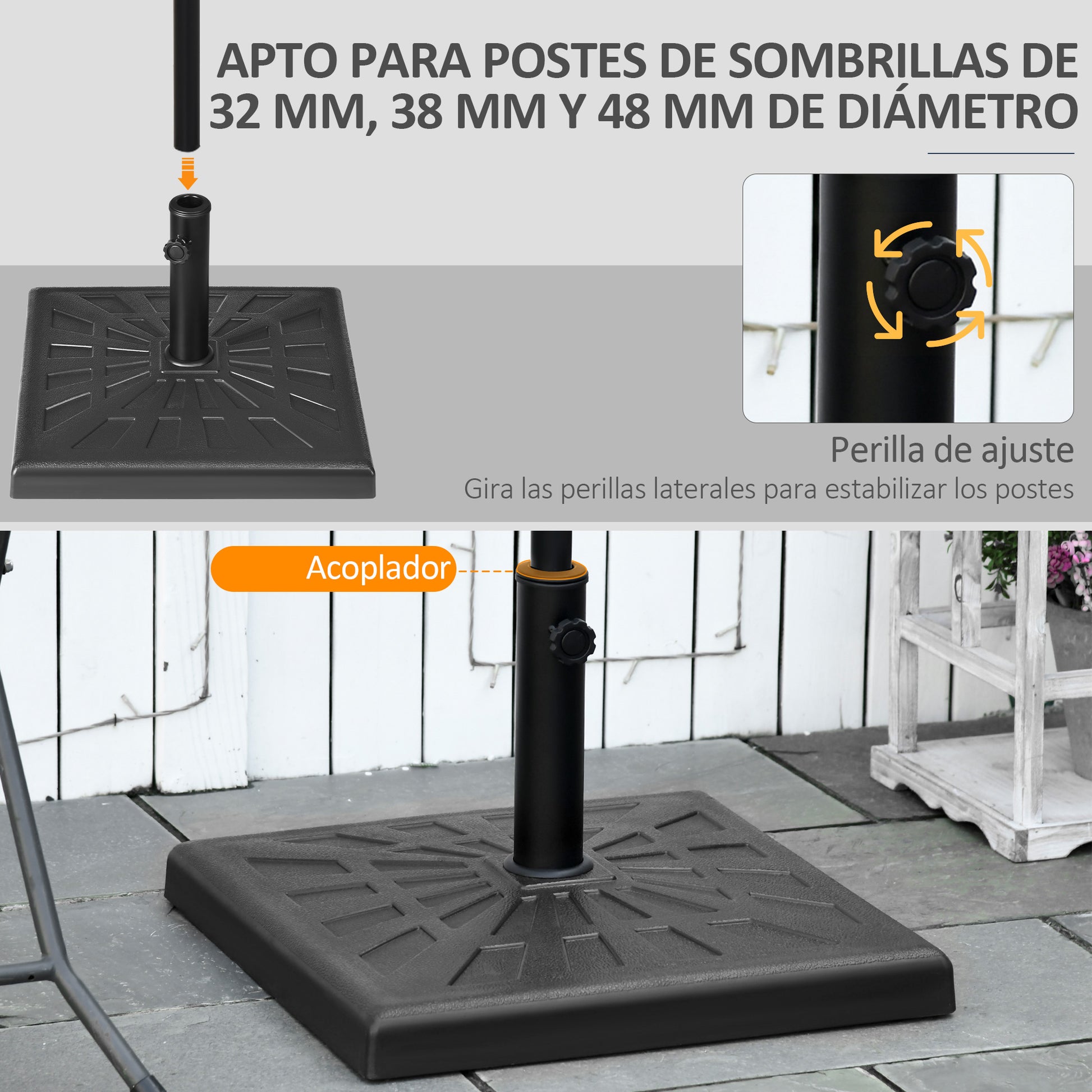 Outsunny Base De Sombrilla De Resina 19 Kg Para Mástil Ø32/38/48 Mm 51x51x32 Cm_3