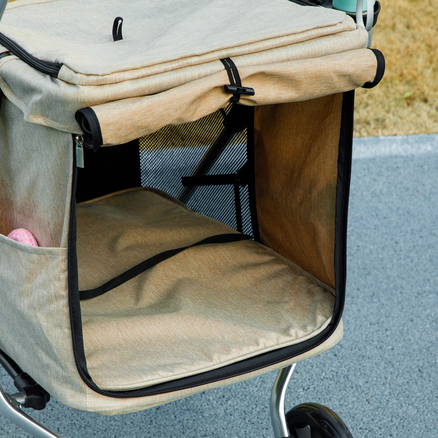 Pawhut Cochecito Para Perros Plegable Con Cojín Lavable 80x48,5x106 Cm Caqui_4