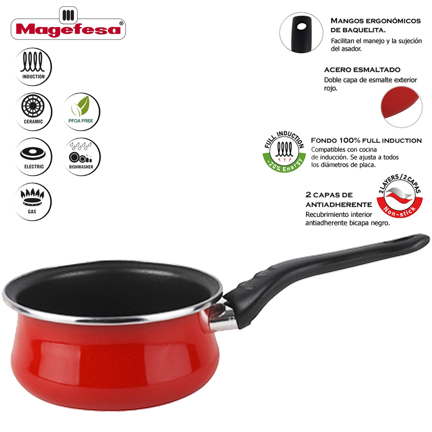 Magefesa Praga Cazo 14, Acero Esmaltado Vitrificado, En Granate, Inducción Y Lavavajillas