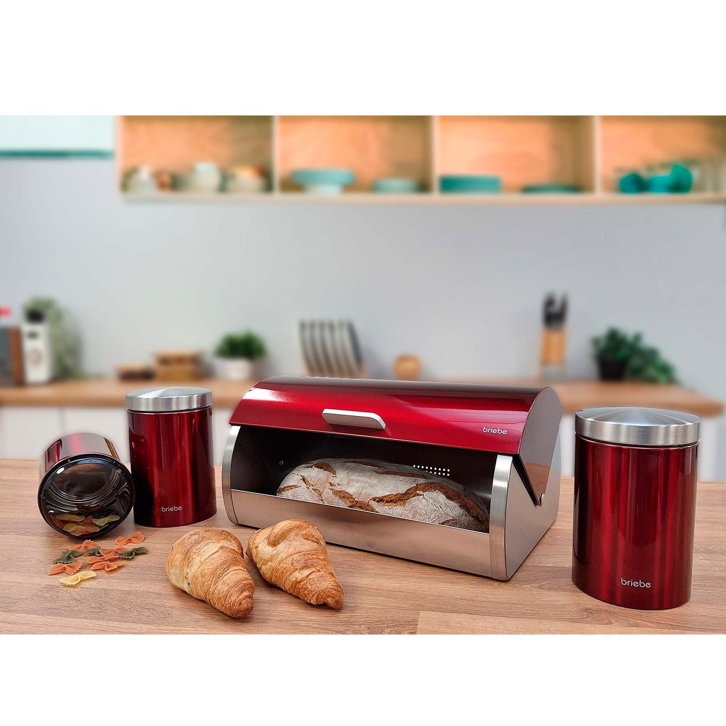 Panera De Mesa +juego 3 Botes Cocina Almacenaje Acero Inoxidable Contenedor De Pan Con Tapa, Briebe, Bb1161, Rojo / Acero Inoxidable