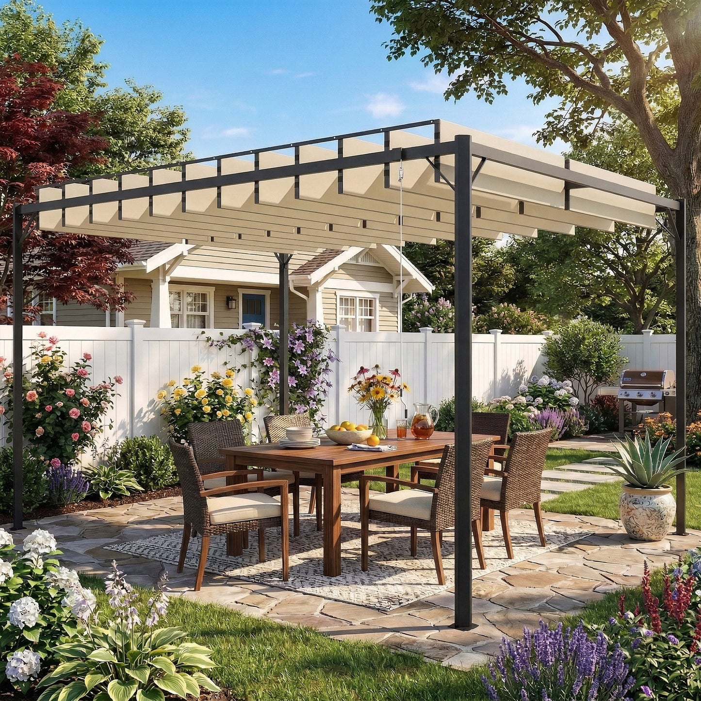 Outsunny Pérgola De Jardín 3x4 M Con Techo De Lamas Orientables Upf50+ Crema_1