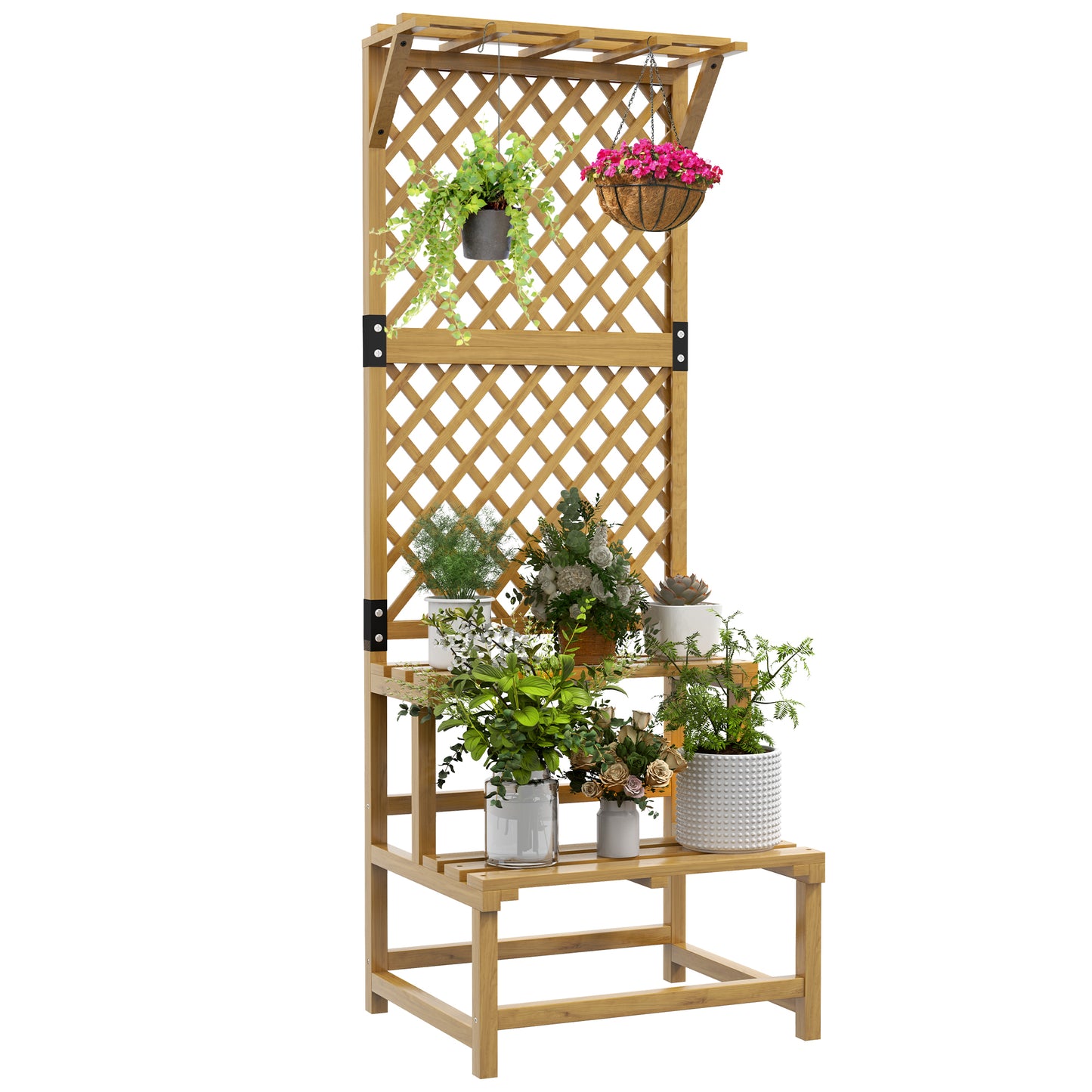 Outsunny Soporte Para Plantas De Madera De 2 Niveles Con Enrejado Natural_0