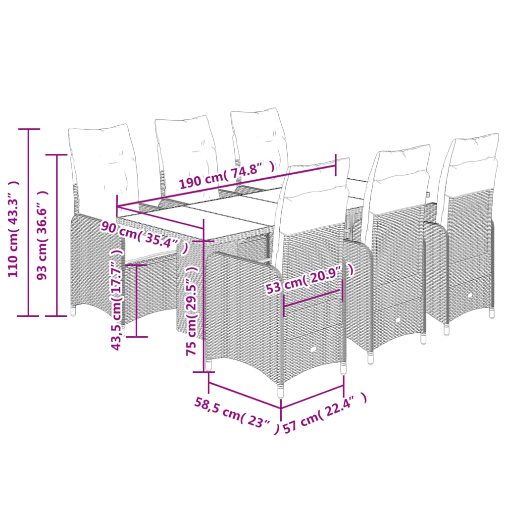 Set De Mesa Y Sillas Jardín 7 Pzas Con Cojines Ratán Pe Marrón / Vetonek_4