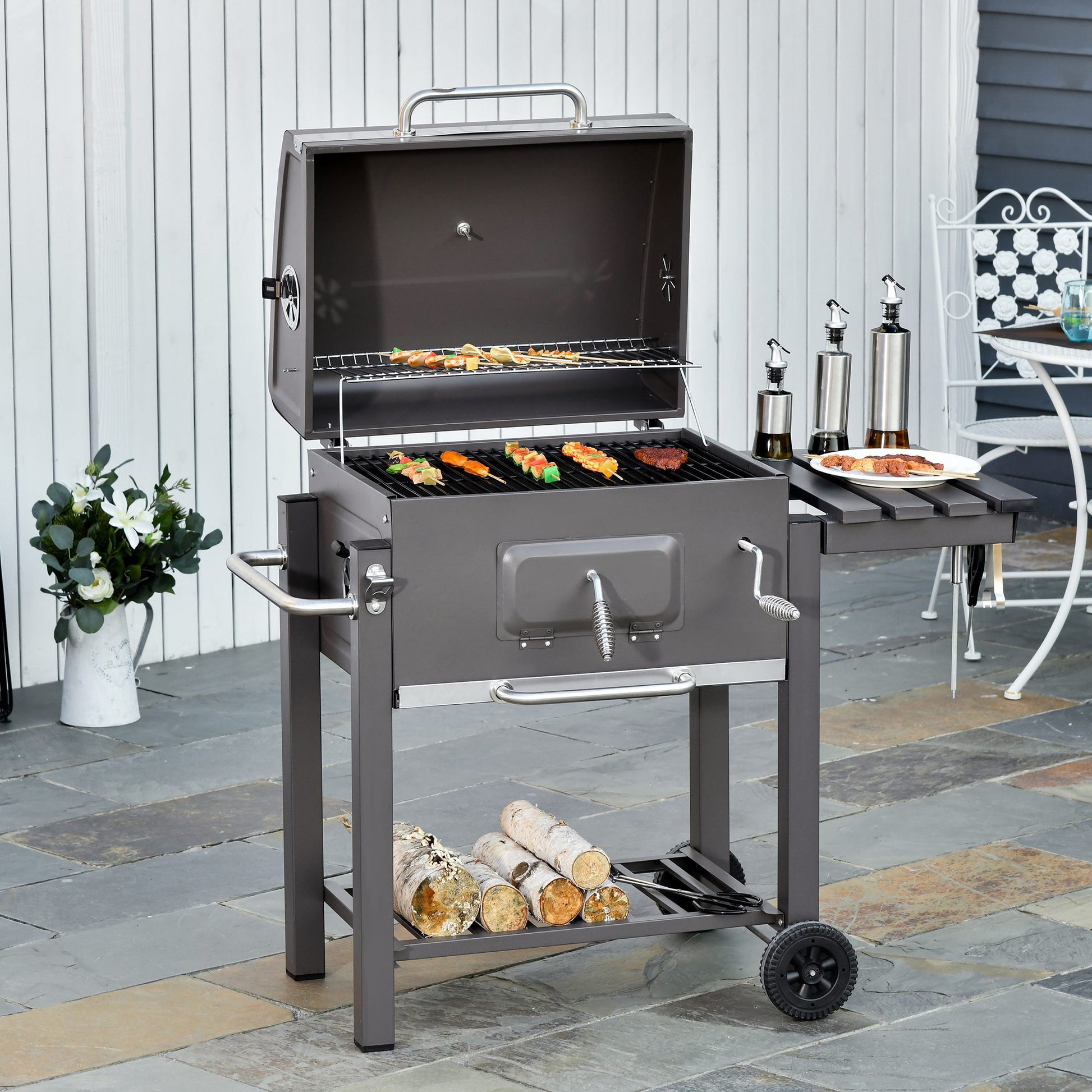 Outsunny Barbacoa De Carbón Vegetal Ruedas Estantes Parilla Barril 115x56x108cm_1