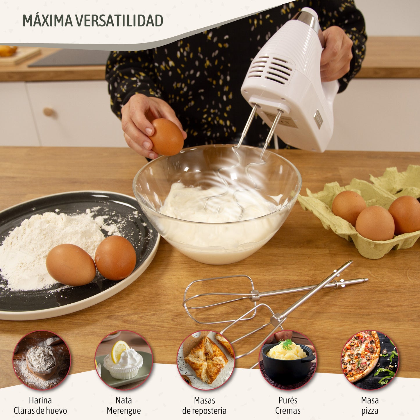 Briebe Batidora De Varillas Eléctrica 400w Amasadora De Mano Especial Repostería 5 Velocidades + Turbo, Hm1174wht,blanco_3