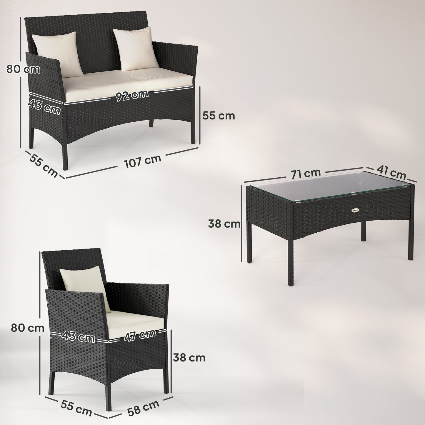 Outsunny Conjunto De Jardín De Ratán Sintético De 4 Piezas Negro Y Crema_2