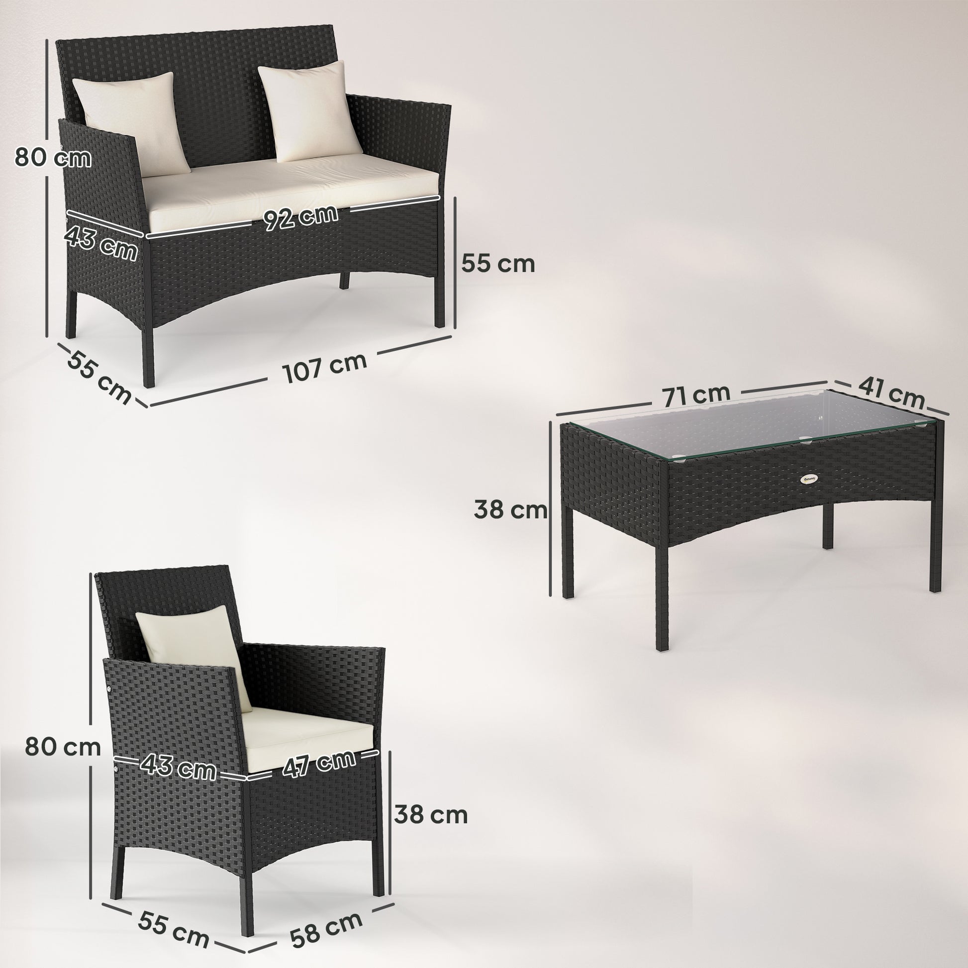 Outsunny Conjunto De Jardín De Ratán Sintético De 4 Piezas Negro Y Crema_2