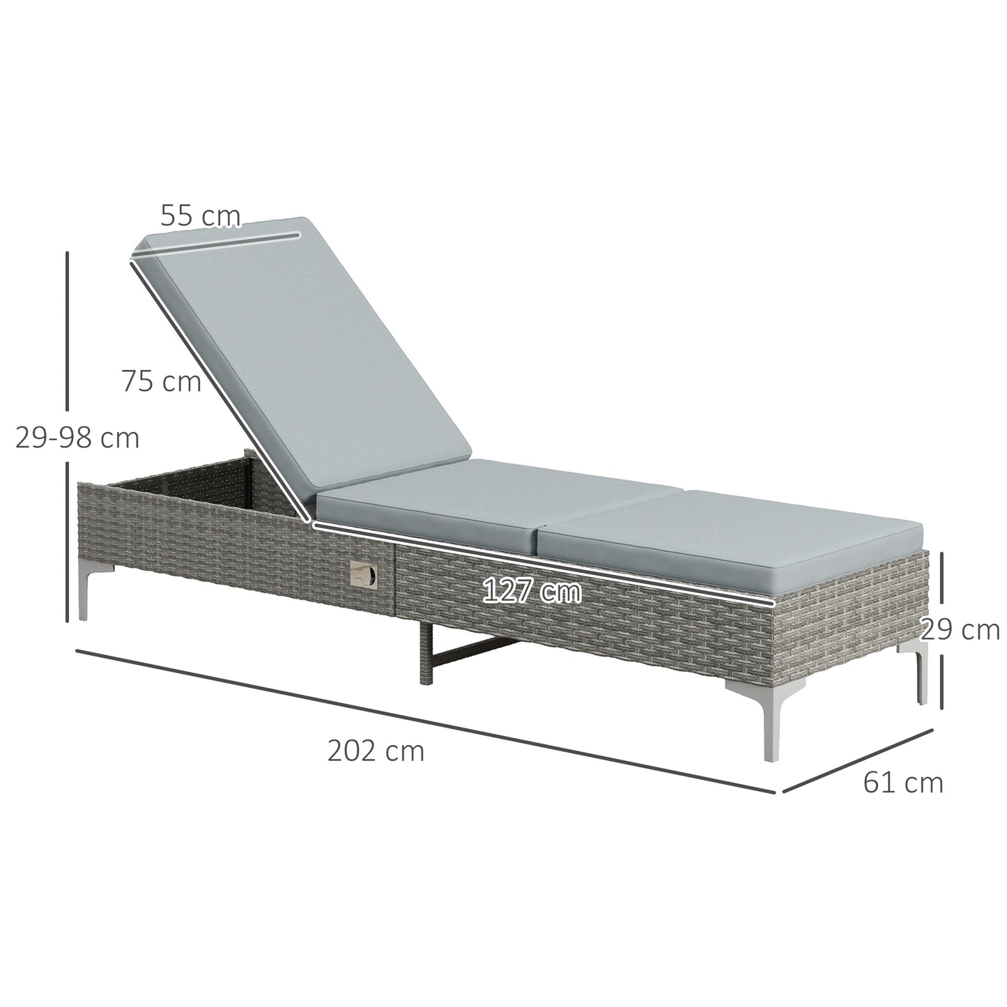Outsunny Tumbona De Ratán Con Respaldo Ajustable 202x61x29-98 Cm Gris_2
