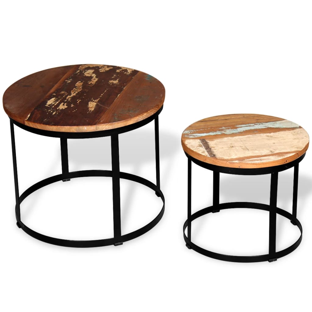 Mesa De Centro Redonda 2 Uds Madera Maciza Reciclada 40cm/50cm_3