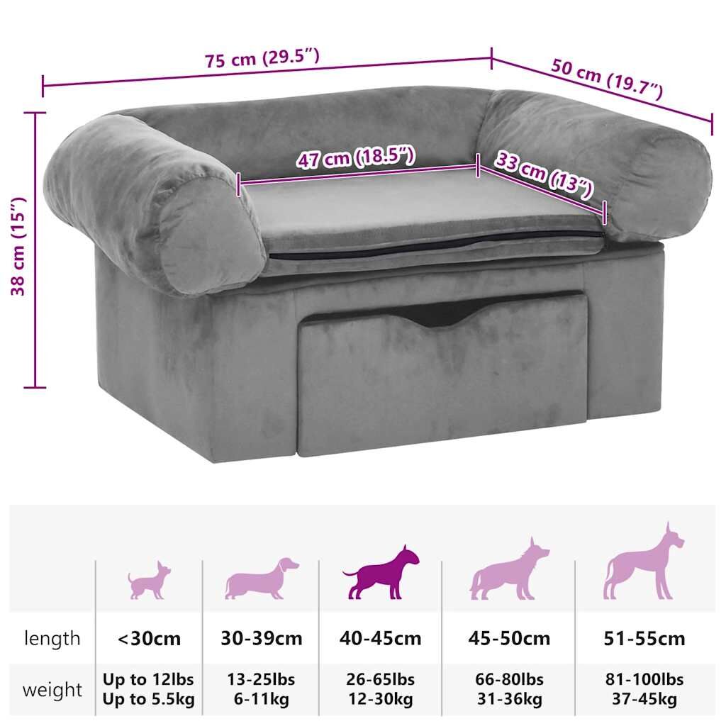 Vidaxl Sofá Para Perros Con Cajón Felpa Gris 75x50x38 Cm_2