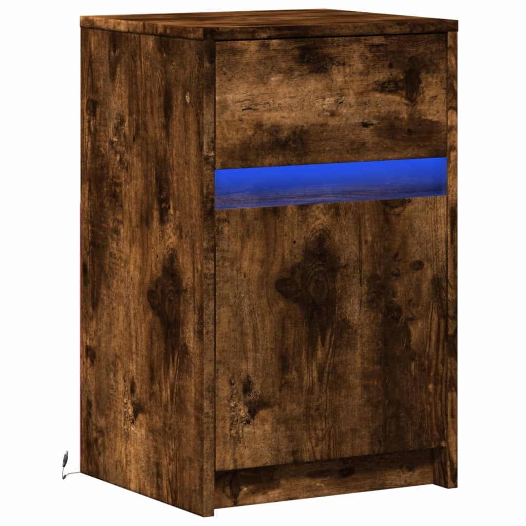Mesita De Noche Con Luces Led Madera Ingeniería Roble Ahumado_1
