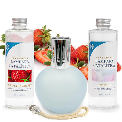 Pack Lámpara Catalítica Azul Grisáceo Mate + Fragancia Wild Strawberry 200ml + Limpiador Neutro 200ml + Mecha Repuesto_0