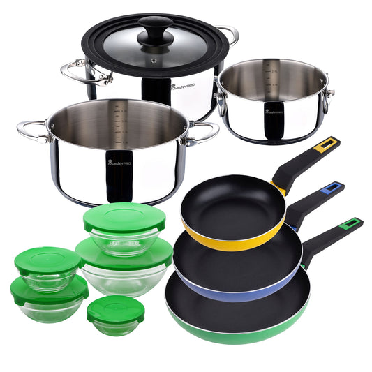 Set De Batería De Cocina En Acero Inoxidable + 3 Sartenes Ø18ø22ø26cm En Aluminio Prensado + 5 Boles De Cristal Con Tapas San Ignacio
