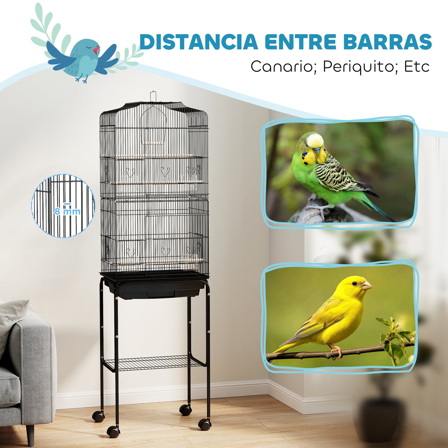Pawhut Jaula Para Pájaros Con Soporte 4 Ruedas Y Comederos 46,5x36x157 Cm Negro_5