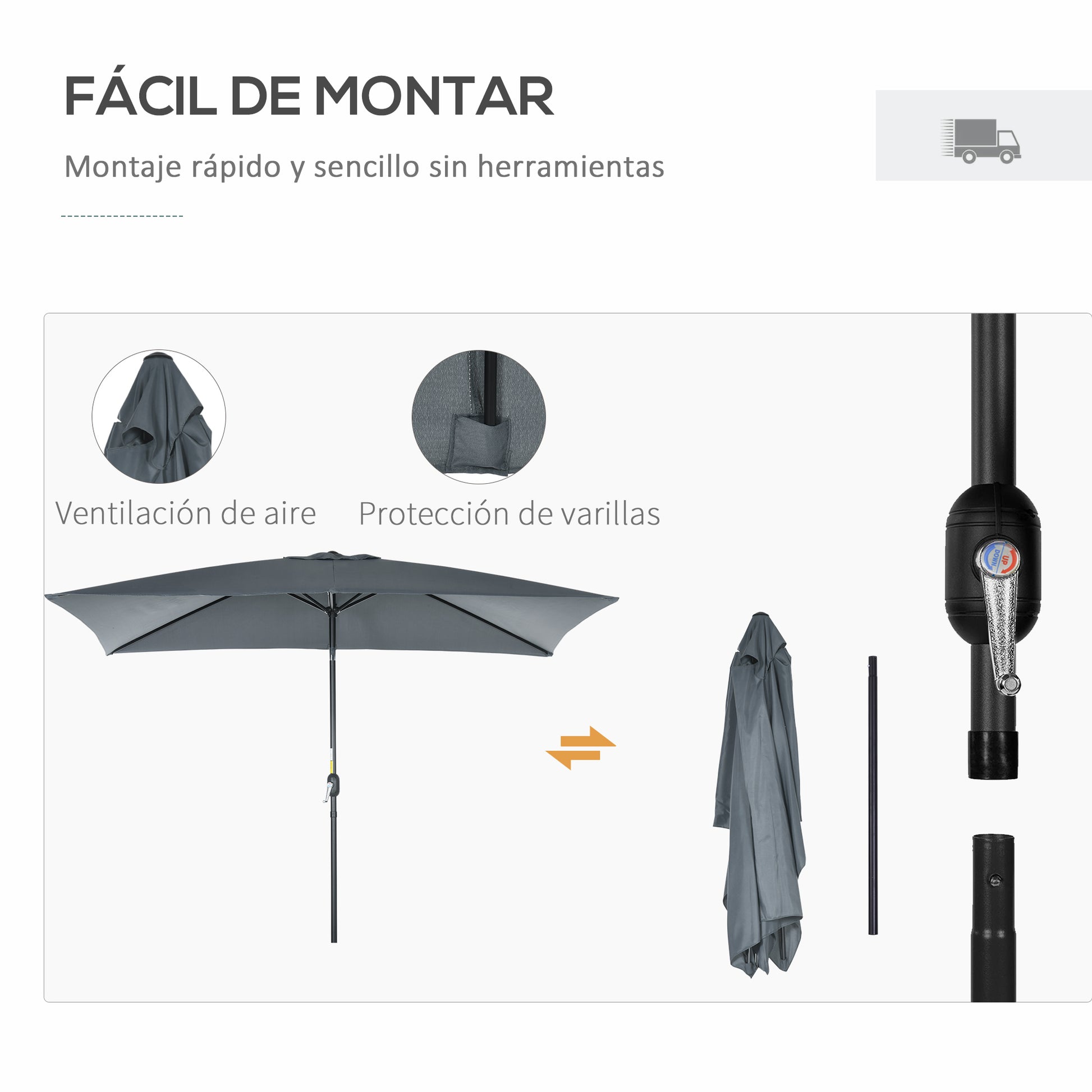 Outsunny Sombrilla Jardín Aluminio 200x300x253 Cm Inclinable Con Manivela Gris_5