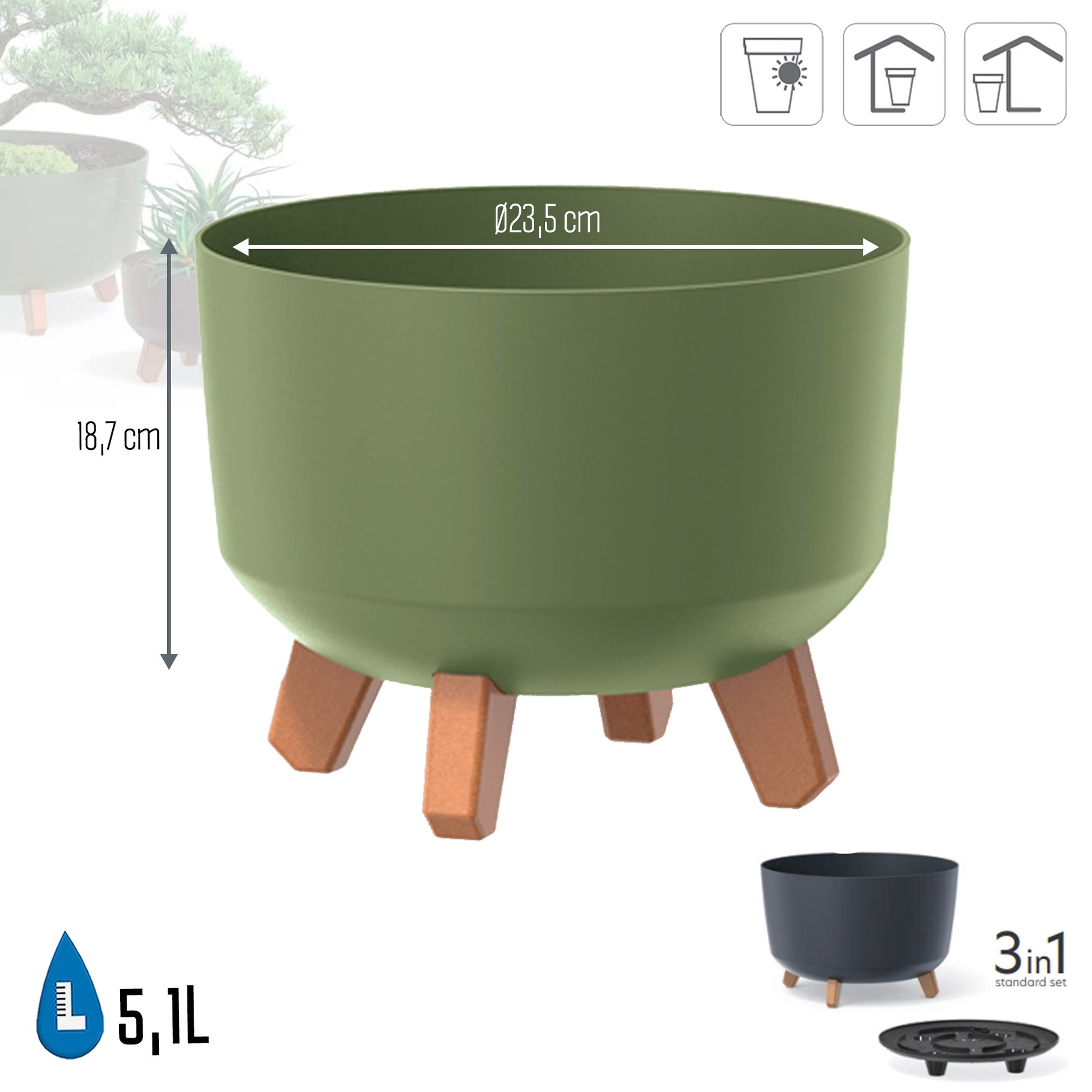 Macetero Color Verde Tierra,sin Depósito , Colección Gracia De 23,8cm X 23,8cm X 18,7cm Cm, Capacidad De 5,1 L._2