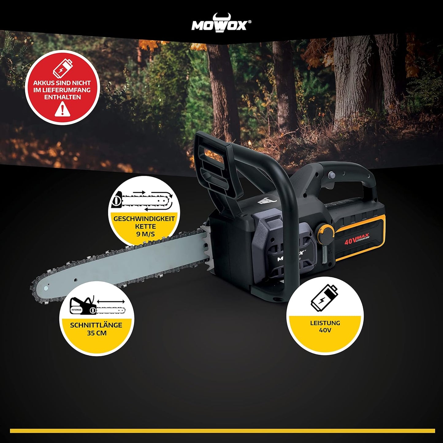 Mowox Motosierra De Bateria 40 V Con Espada De 35 Cm. Espada Y Cadena Oregon. No Incluye Bateria Ni Cargador_1