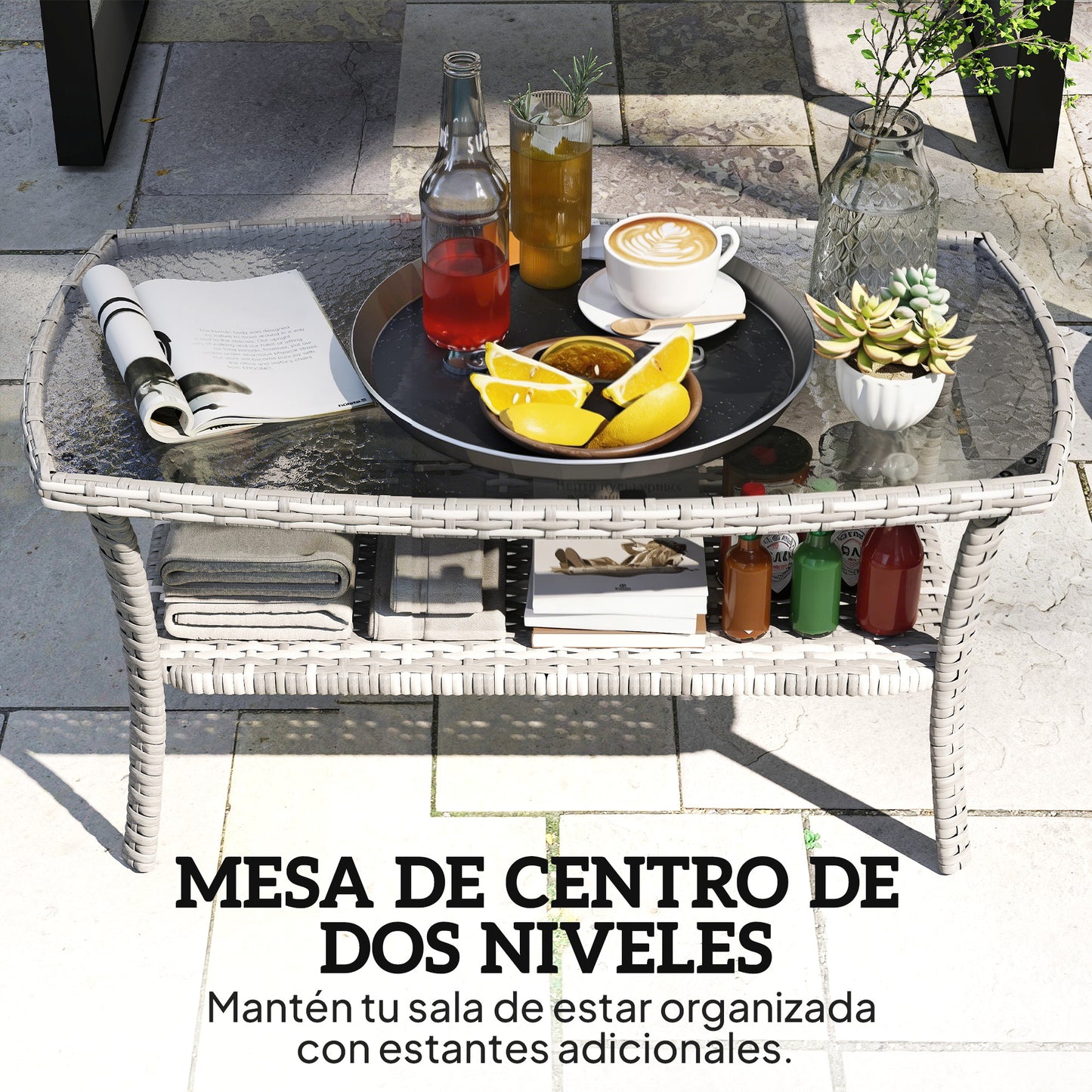 Outsunny Mesa De Jardín Exterior De Ratán Con Estante_3